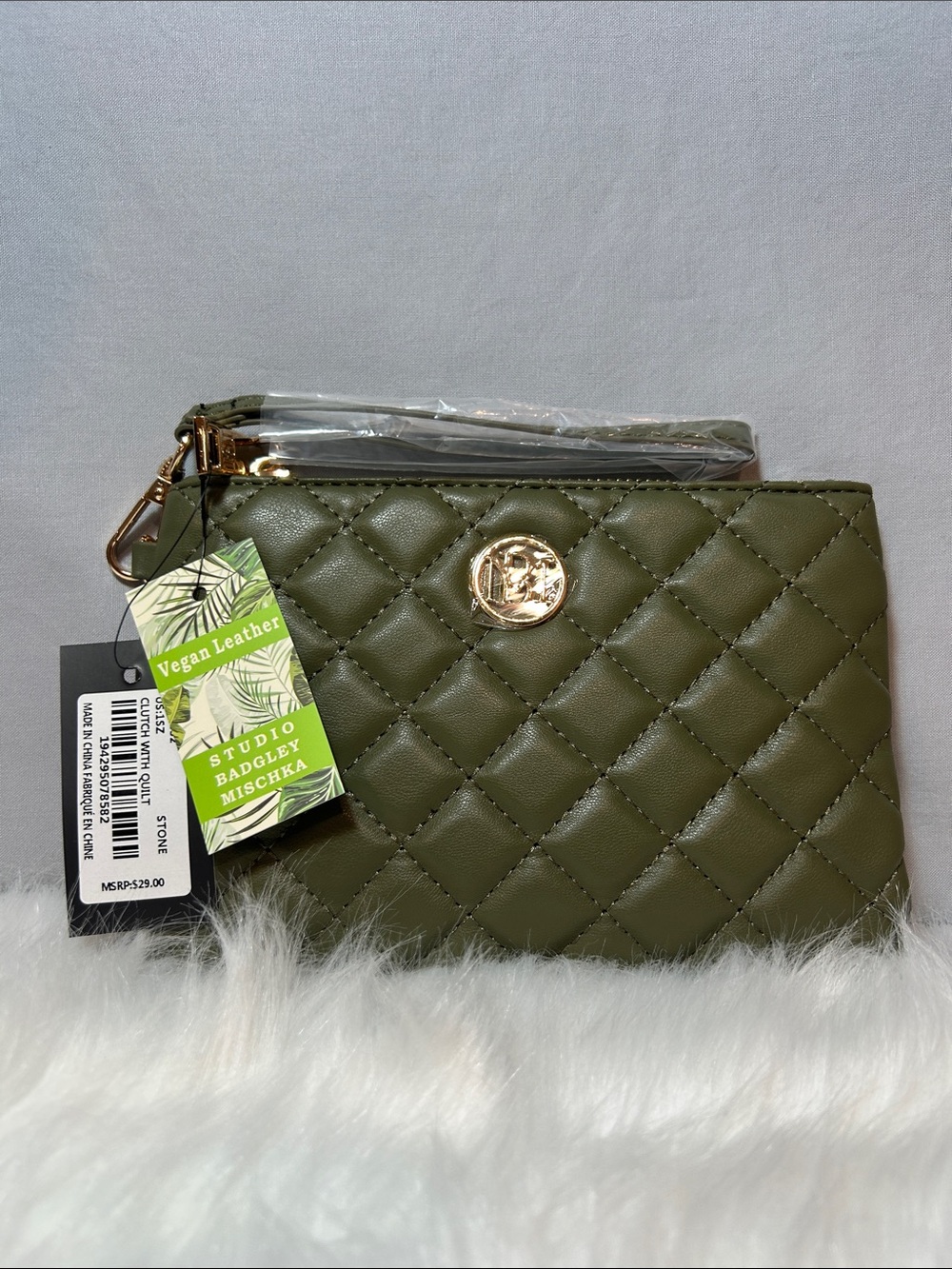 Badgley Mischka Quilted Olive Green Wristlet with Gold Accent